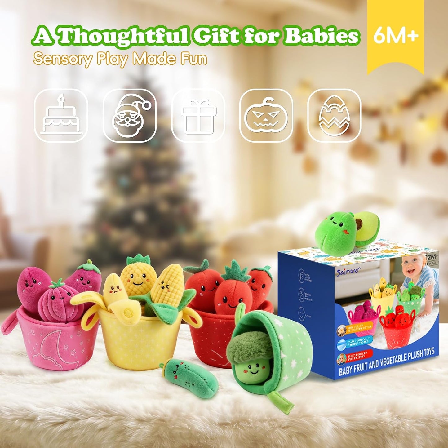 Baby Toys 6-12 Months,16Pcs Montessori Plush Sensory Play Food Gift | Color Sorting Fruit & Vegetable Sensory Toys for Babies, Soft Play Food with Crinkle & Rattle,Gifts for 1-Year-Old Boys&Girls