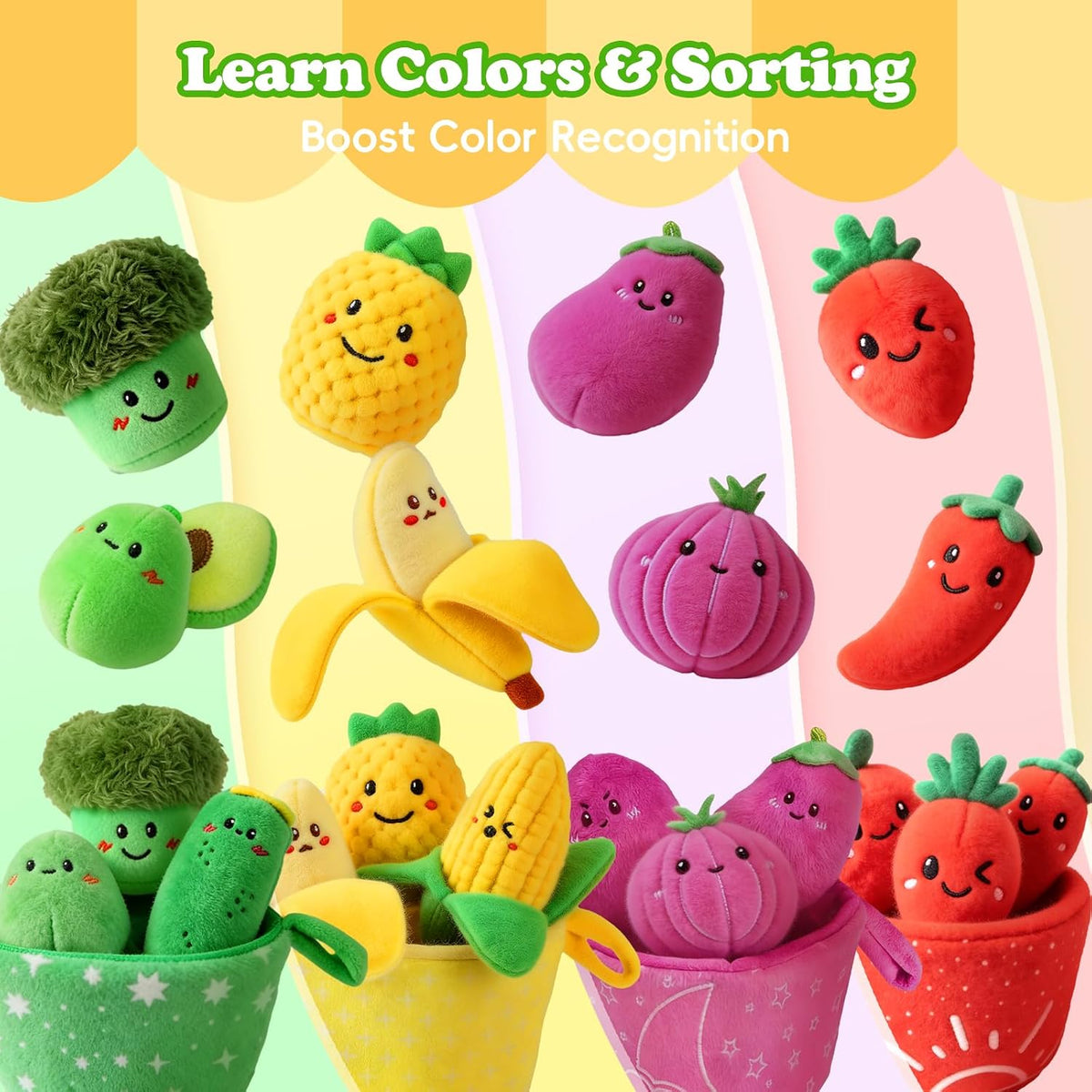 Baby Toys 6-12 Months,16Pcs Montessori Plush Sensory Play Food Gift | Color Sorting Fruit & Vegetable Sensory Toys for Babies, Soft Play Food with Crinkle & Rattle,Gifts for 1-Year-Old Boys&Girls