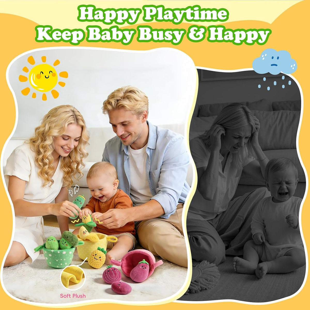 Baby Toys 6-12 Months,16Pcs Montessori Plush Sensory Play Food Gift | Color Sorting Fruit & Vegetable Sensory Toys for Babies, Soft Play Food with Crinkle & Rattle,Gifts for 1-Year-Old Boys&Girls