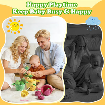Baby Toys 6-12 Months,16Pcs Montessori Plush Sensory Play Food Gift | Color Sorting Fruit & Vegetable Sensory Toys for Babies, Soft Play Food with Crinkle & Rattle,Gifts for 1-Year-Old Boys&Girls