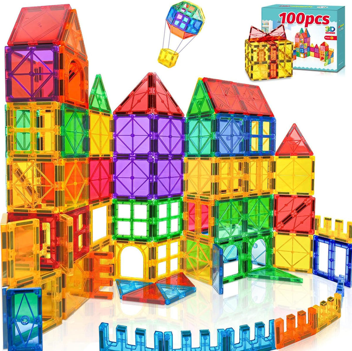 100Pcs Magnetic Tiles for Kid Age 3+ Magnetic Blocks Toddlers Toys | Sensory Toy 4 5 6 7 Year Old Boys Girls, Educational Magnet Building Block Christmas Birthday Gift Toys for Kids Ages 4-8 3-5
