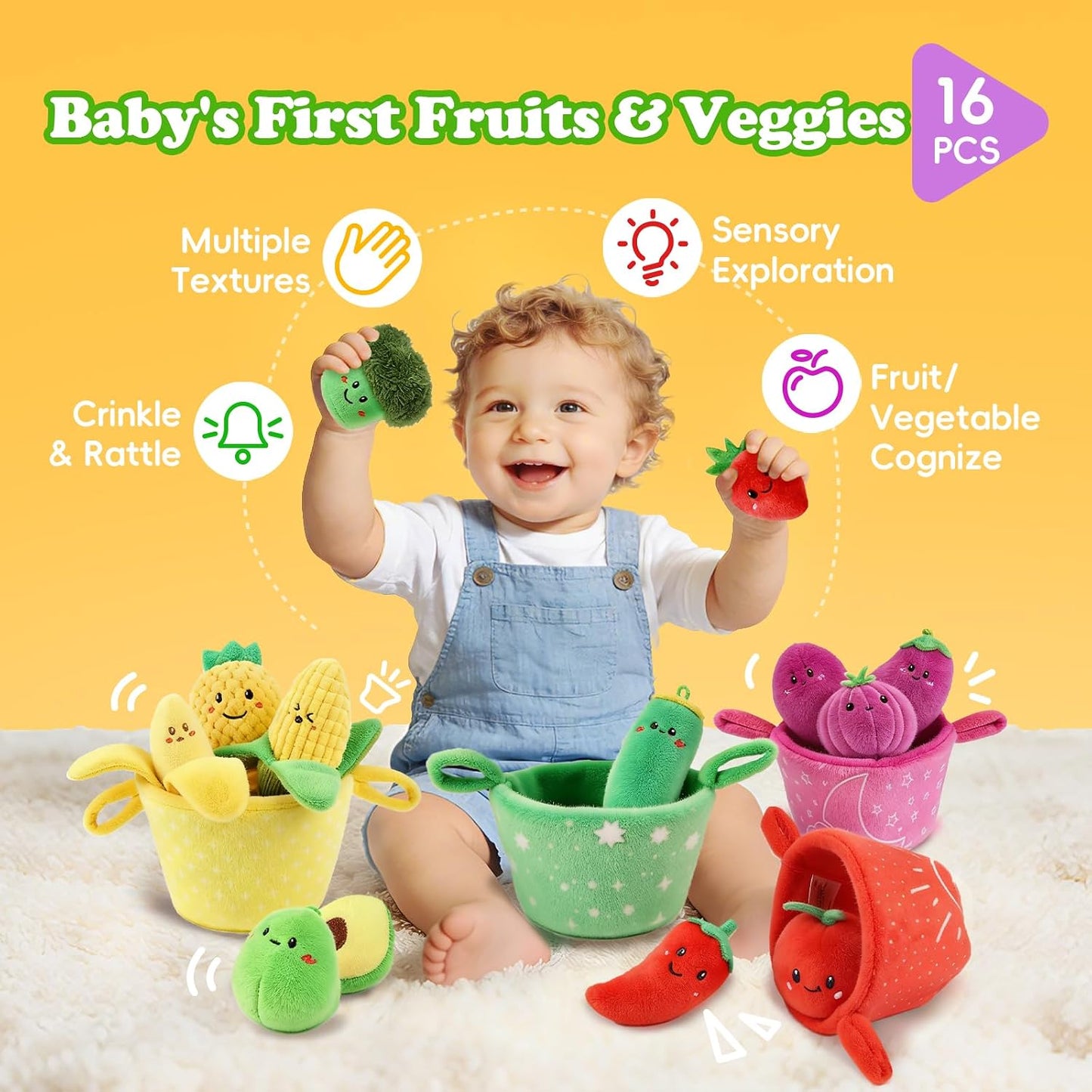 Baby Toys 6-12 Months,16Pcs Montessori Plush Sensory Play Food Gift | Color Sorting Fruit & Vegetable Sensory Toys for Babies, Soft Play Food with Crinkle & Rattle,Gifts for 1-Year-Old Boys&Girls