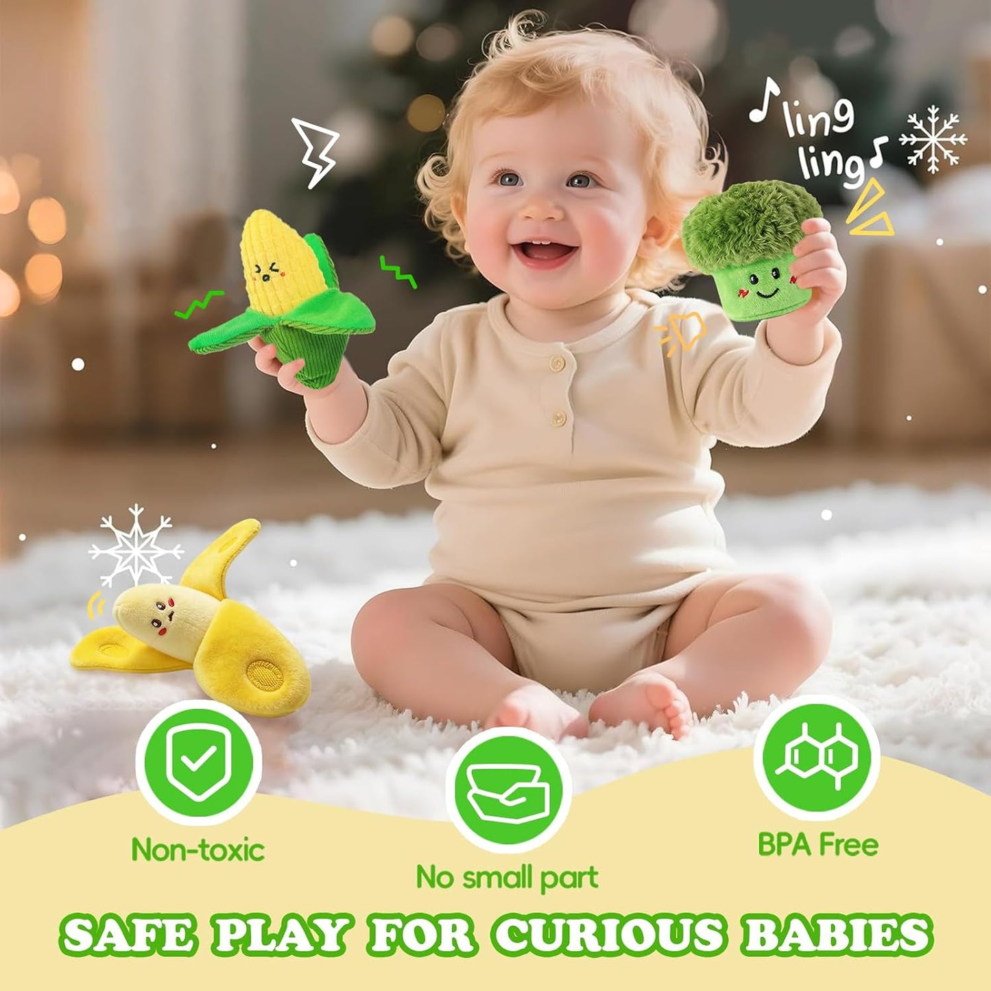Baby Toys 6-12 Months,16Pcs Montessori Plush Sensory Play Food Gift | Color Sorting Fruit & Vegetable Sensory Toys for Babies, Soft Play Food with Crinkle & Rattle,Gifts for 1-Year-Old Boys&Girls